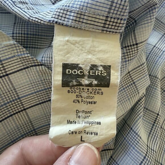 Men’s Dockers Blue Plaid Short Sleeved Button Down Shirt Stain Defender Size L - Picture 5 of 6